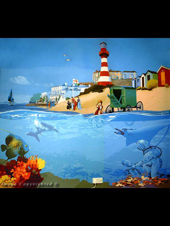 Mural for a child's bedroom. The brief was to capture a fantasy edwardian seaside scene, above and below water, in bright eyecatching colours. Apologies to any marine biologists. (8ft x 8ft. Emulsions. Privately owned)