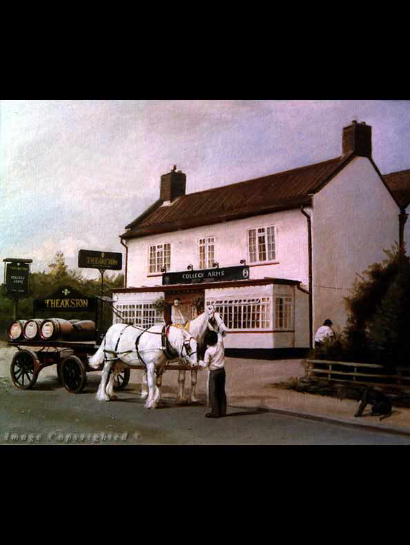 Traditional dray horses pull up with a delivery for this pub in Linton on Ouse, N Yorks. The College Arms has undergone some major changes since this piece was commissioned by the then landlord. (600x400mm Oils on Canvas. Privately owned)