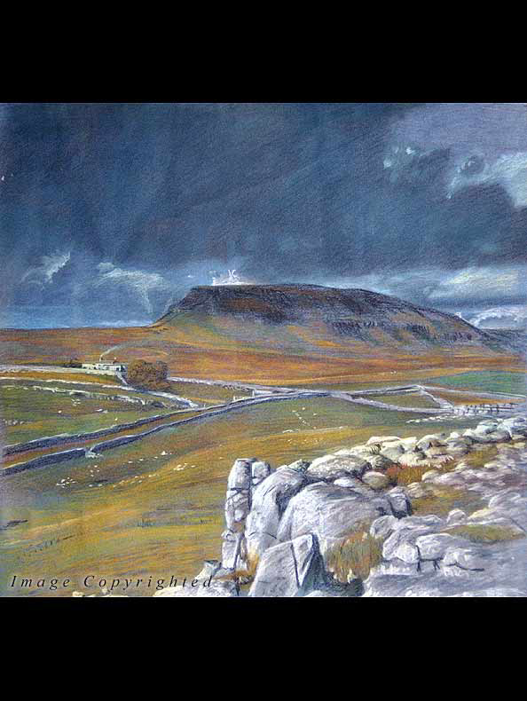 The dark mass of Pen-y-Ghent towers over Ribblesdale and the head of Littondale on the western side of the Yorkshire Dales. At 2273 ft this fell is actually the lowest of the area's famous Three Peaks but it is by no means the least spectacular. (500x400mm Pastel on Paper. Privately owned)