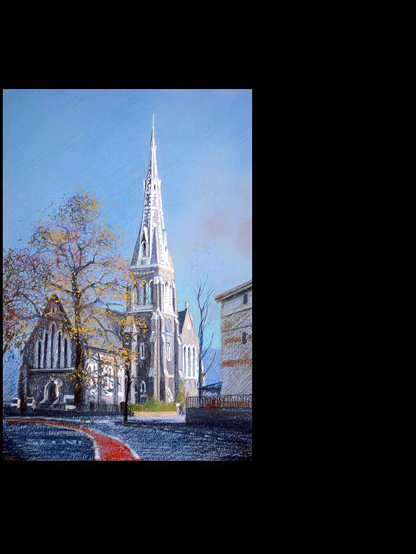 Christchurch was built by William Cubitt, one of three successful builder brothers, at his own expense and on land donated by the Countess of Glengall. Completed in 1854, the building was consecrated in 1857. (300x400mm Pastels on Paper. Privately owned)
