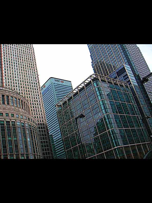 The harsh architectural lines of the buildings of Canary Wharf. (Digital media. Privately owned)