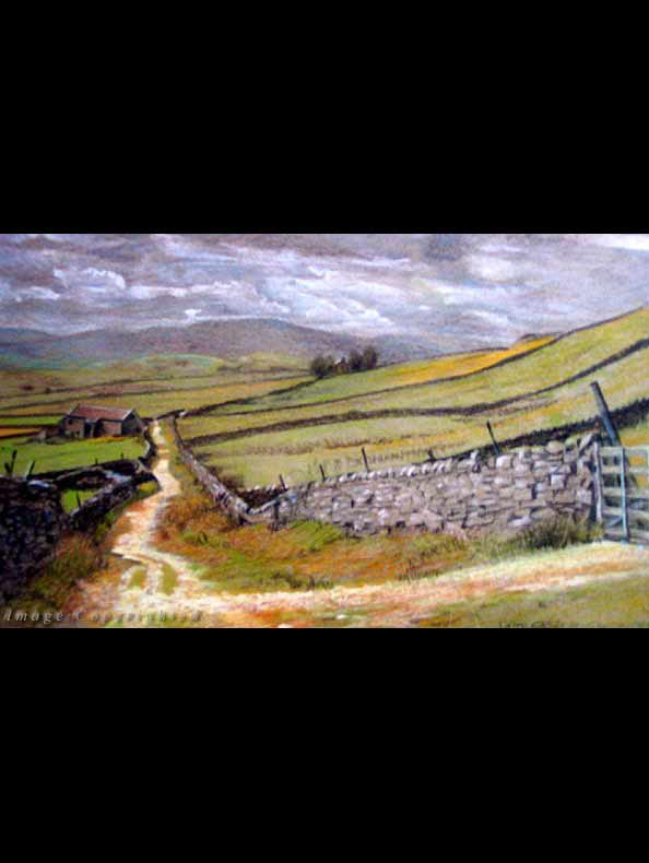 Once busy thoroughfares for cattle and packhorses, most of these ancient rights of way are now used only for leisure purposes. This track nestles above the town of Grassington in the Yorkshire Dales. (300x230mm Pastel on Paper. Privately owned)