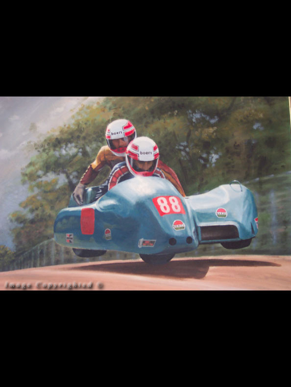 Peter & Brian Armstrong: TT sidecar racers. (600x400mm, Oils. Privately owned.)