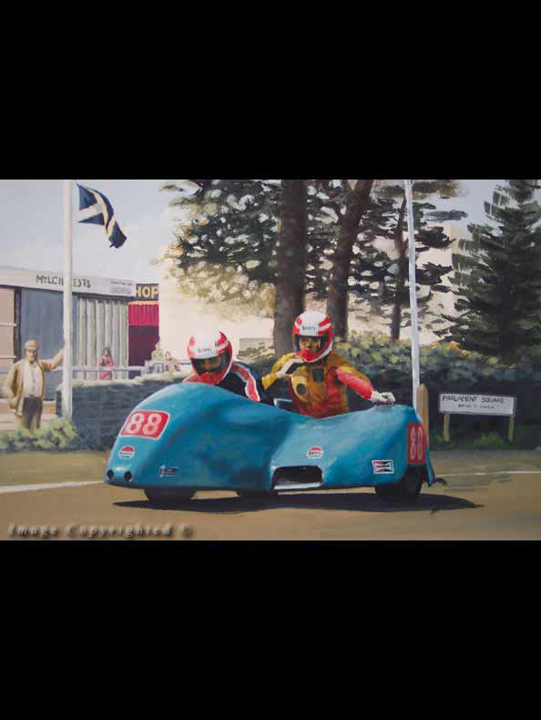 Peter & Brian Armstrong: Parliament Square, Isle of Man TT races. (600x400mm, Oils. Privately owned.)